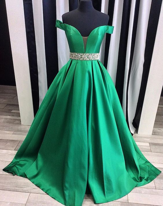 Green Off The Shoulder Lace Up Beading Prom Dress Evening Dress Full Length Prom Dress