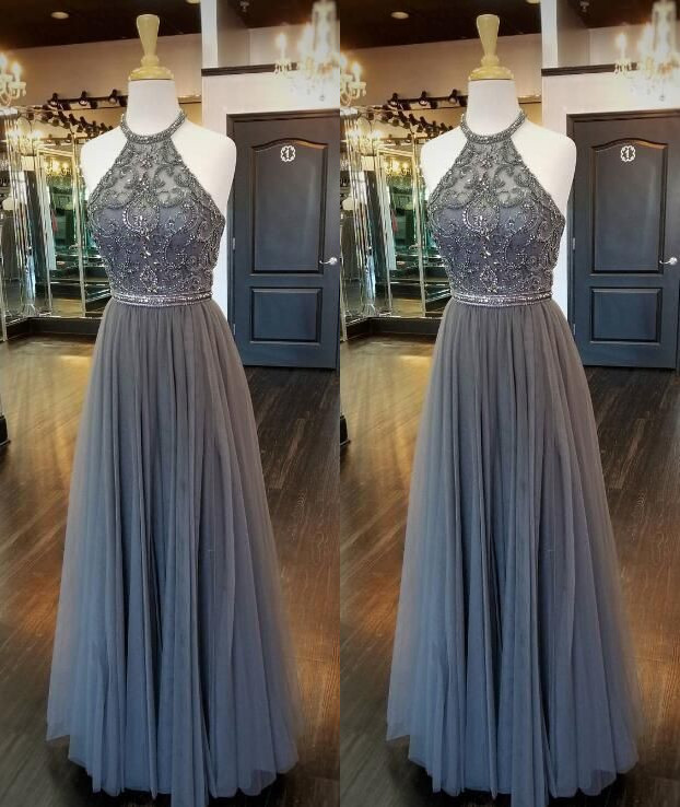Halter Grey Off The Shoulder Lace Up Beading Prom Dress Evening Dress Full Length Prom Dress