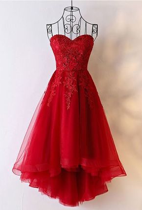 Lace Applique Red Strapless Off The Shoulder Lace Up Bridesmaid Prom Dress Evening Dress Full Length Prom Dress