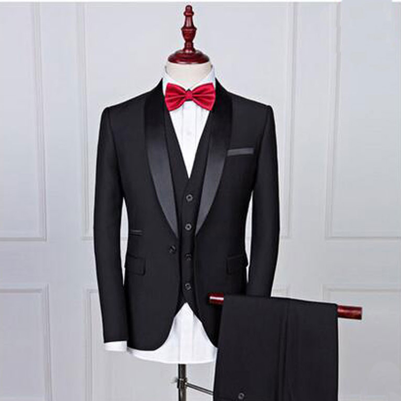 Black Wedding Tuxedos for Groomsmen Shawl Lapel One Button Three Piece Custom Made Men Suits (Jacket + Pants + Vest)