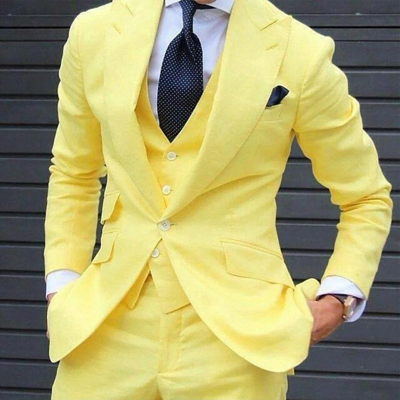 Man's Slim Fit Wedding Suits for Evening Party Three Piece Yellow Men Suit Jacket Pants Vest Latest Style Waistcoat Blazer