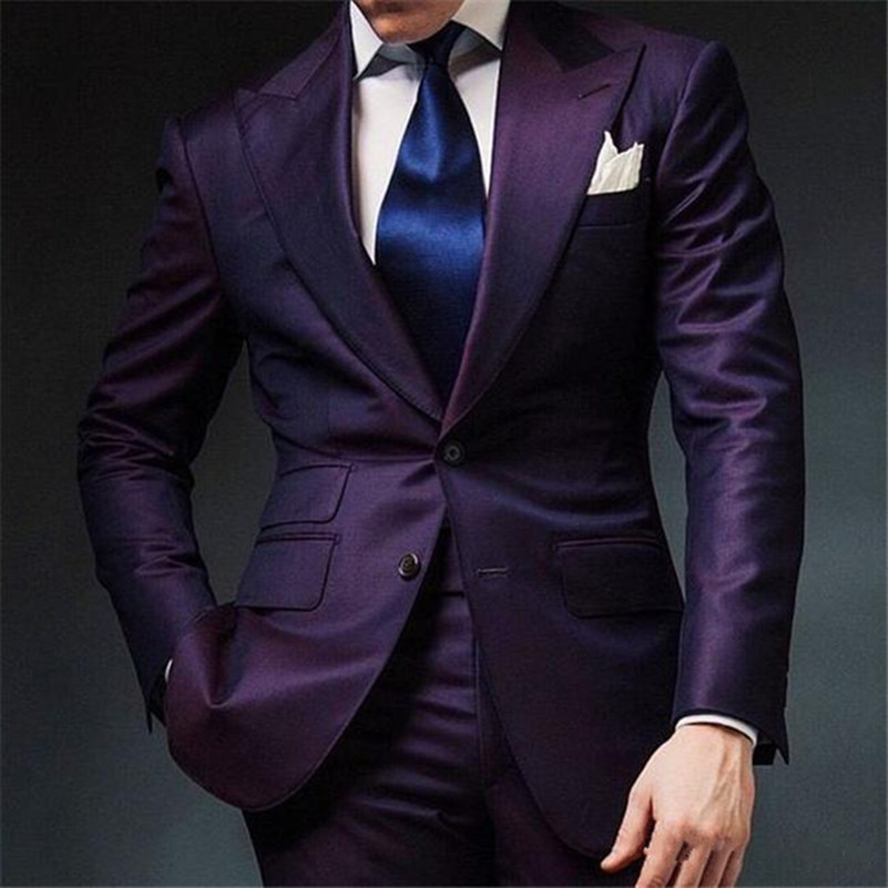 Two Piece Purple Mens Wedding Suits Groom Tuxedos Peaked Lapel Custom Made Groomsmen Suit Men Prom Party Suit (jacket+pants)