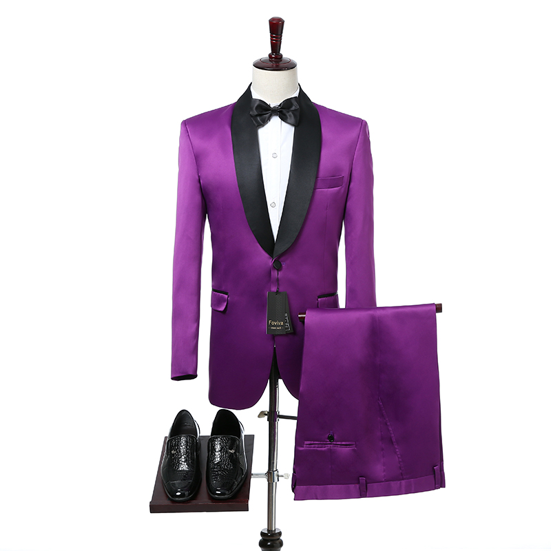 Purple Wedding Mens Suits Black Shawl Lapel One Button Slim Fit Wedding Tuxedos for Groom Two Piece Jacket Pants Foviva Style