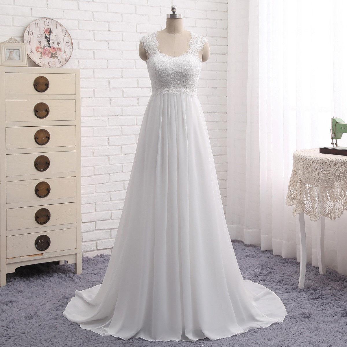 White/ivory Cap Shoulder Long Sweep Train Chiffon Wedding Dresses Bridal Gown Custom Plus Size Formal Occasion Party