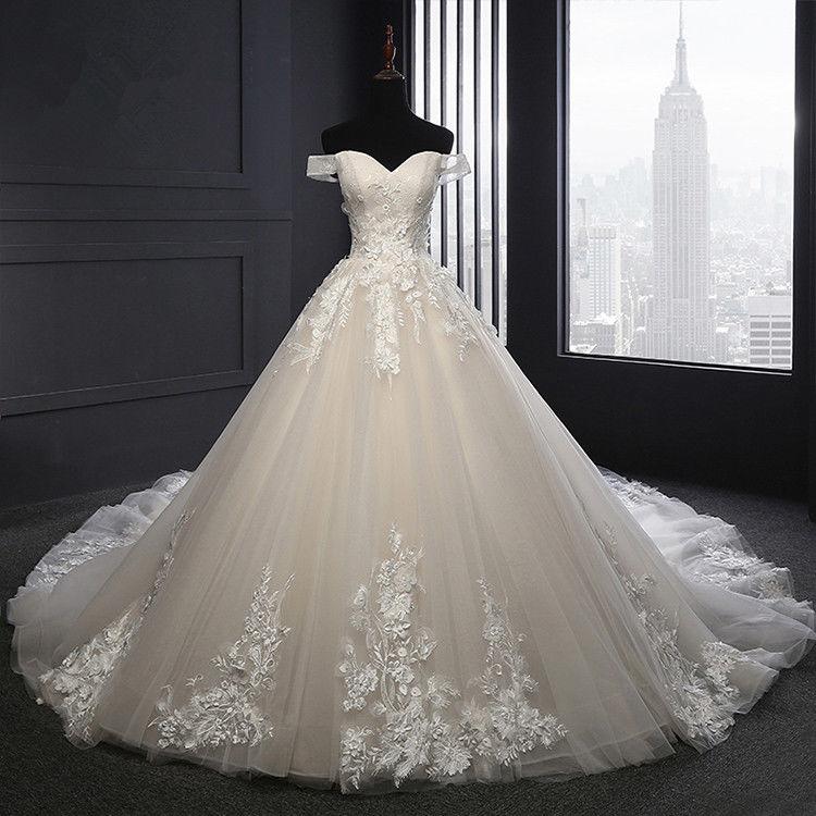 Elegant Off Shoulder Cathedral Train Lace Applique Wedding Dresses ...