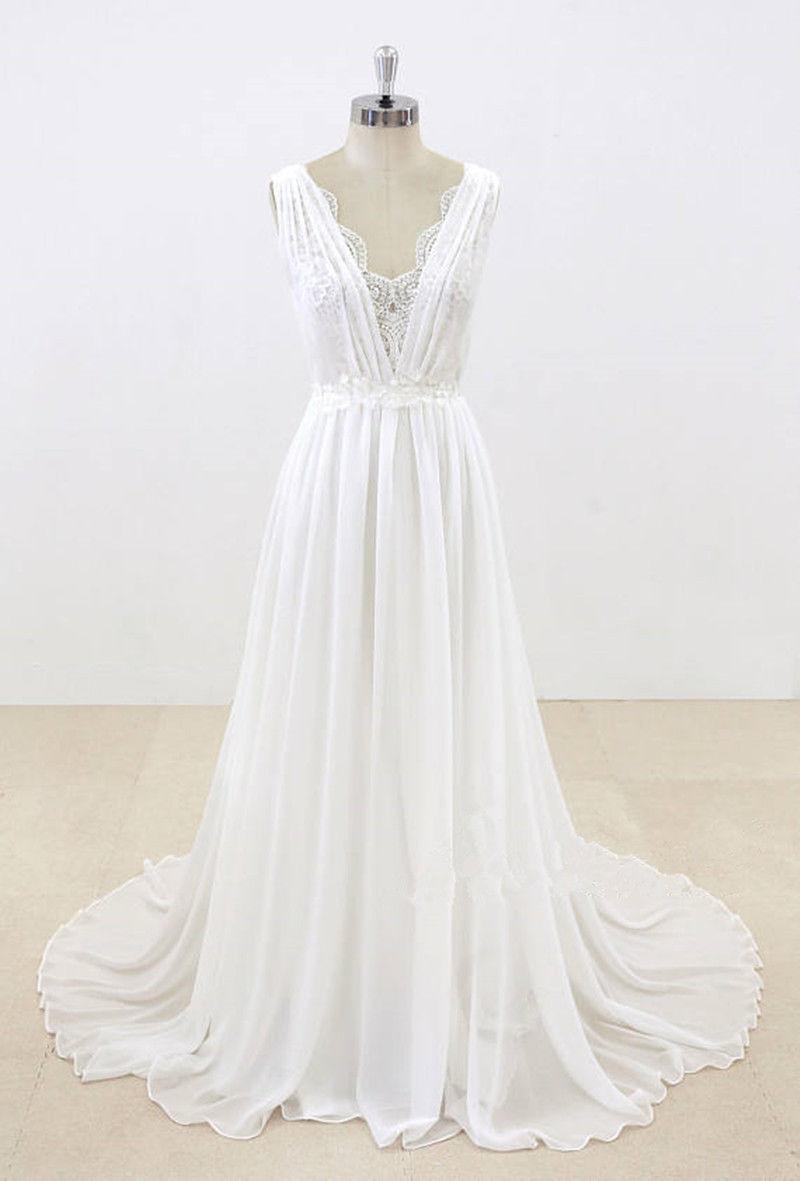 White/ivory V Neck Lace Chiffon Handmade Flowers Beach Wedding Dress Bridal Gowns Custom Plus Size Formal Occasion Party Dress