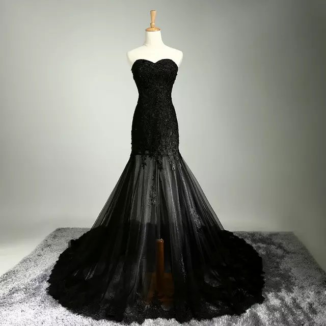 Black Strapless Long Train Beading Full Length Wedding Dress Prom Dress Evening Dress Formal Occasion Party Dress