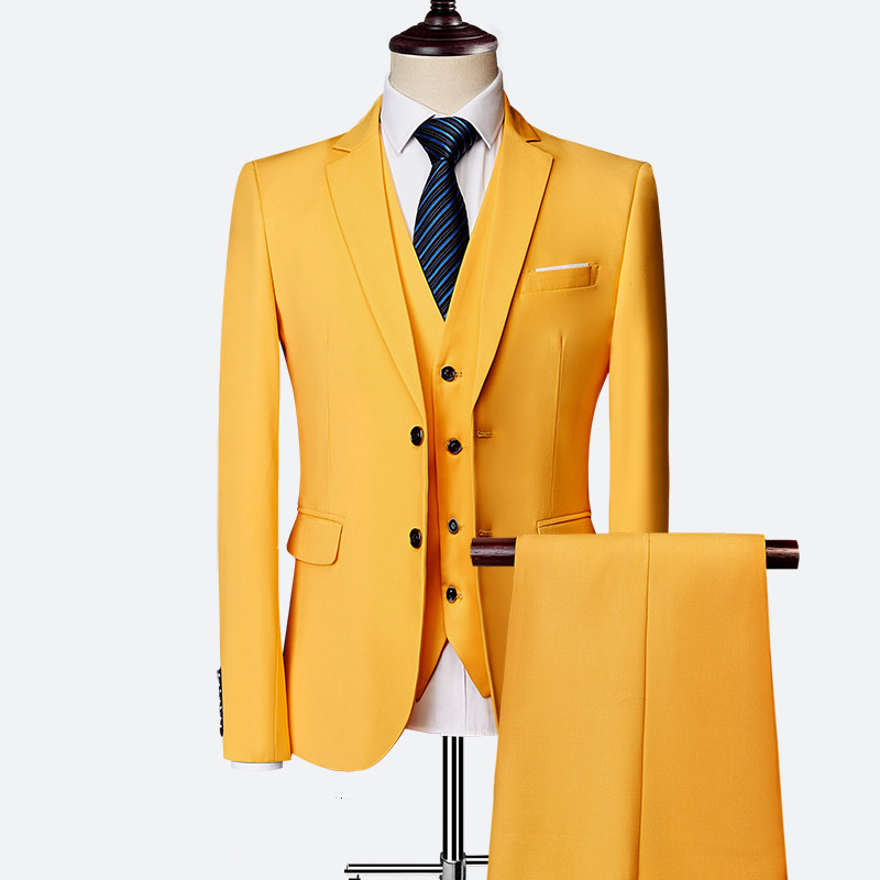 Yellow Wedding Formal Bridegroom Tuxedo Men Suits 3 Pcs Business Blazer