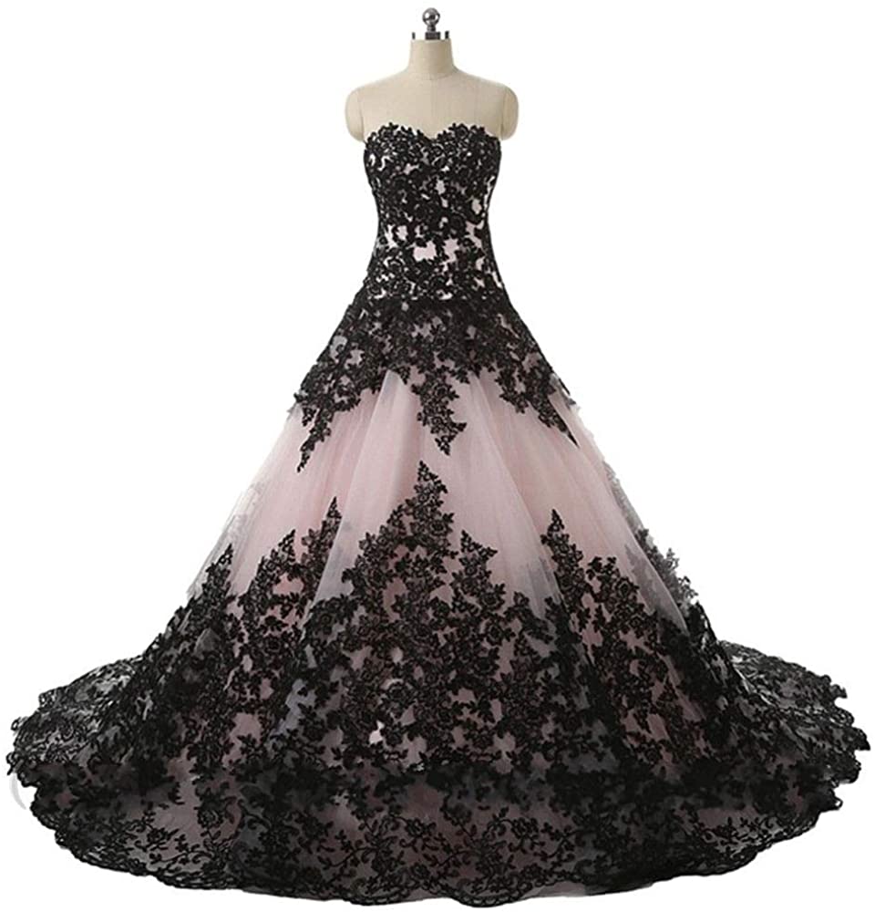 Strapless Full Length Lace Up Formal Occasion Women's Gothic Wedding Dress Elegant Black Appliques Prom Ball Gowns