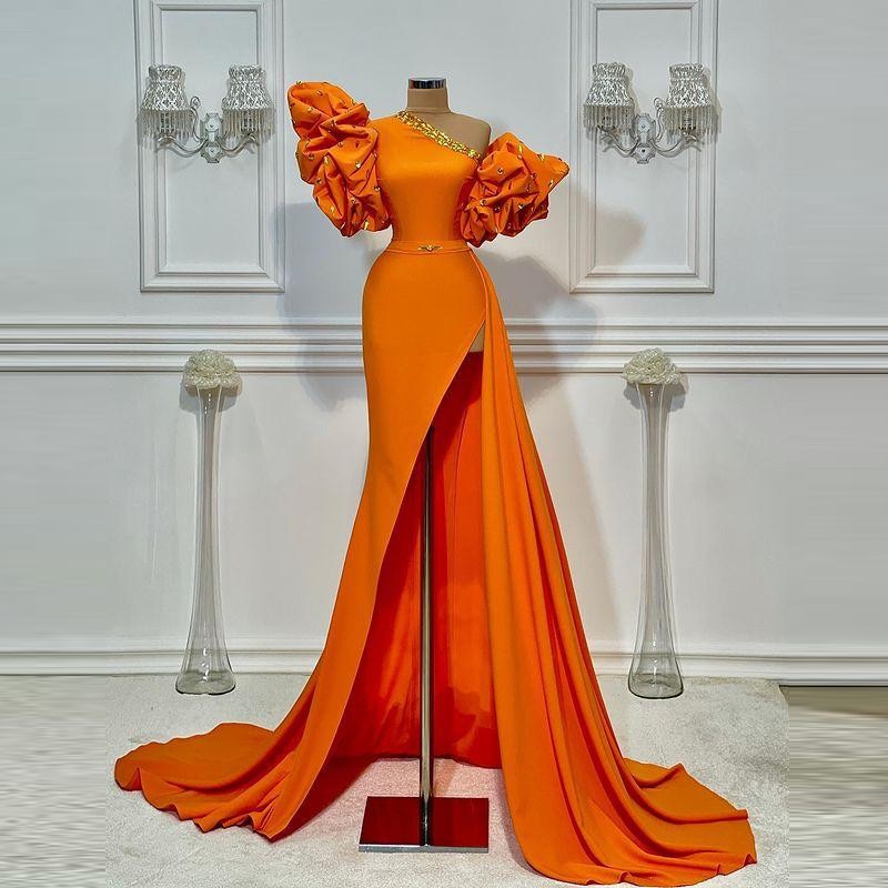 sachin and babi light blue dress Orange One Shoulder Prom Dresses Summer Puff Short Sleeves Sexy Side Slit Evening Dress Satin Cocktail Party Gowns