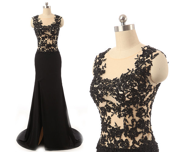 Lace Prom Dress,black Chiffon Eveing Dress Floor Length