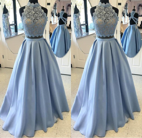 Elegant 2 Pieces Lace Satin A-line Prom Dresses,simple Prom Gowns,graduation Dresses