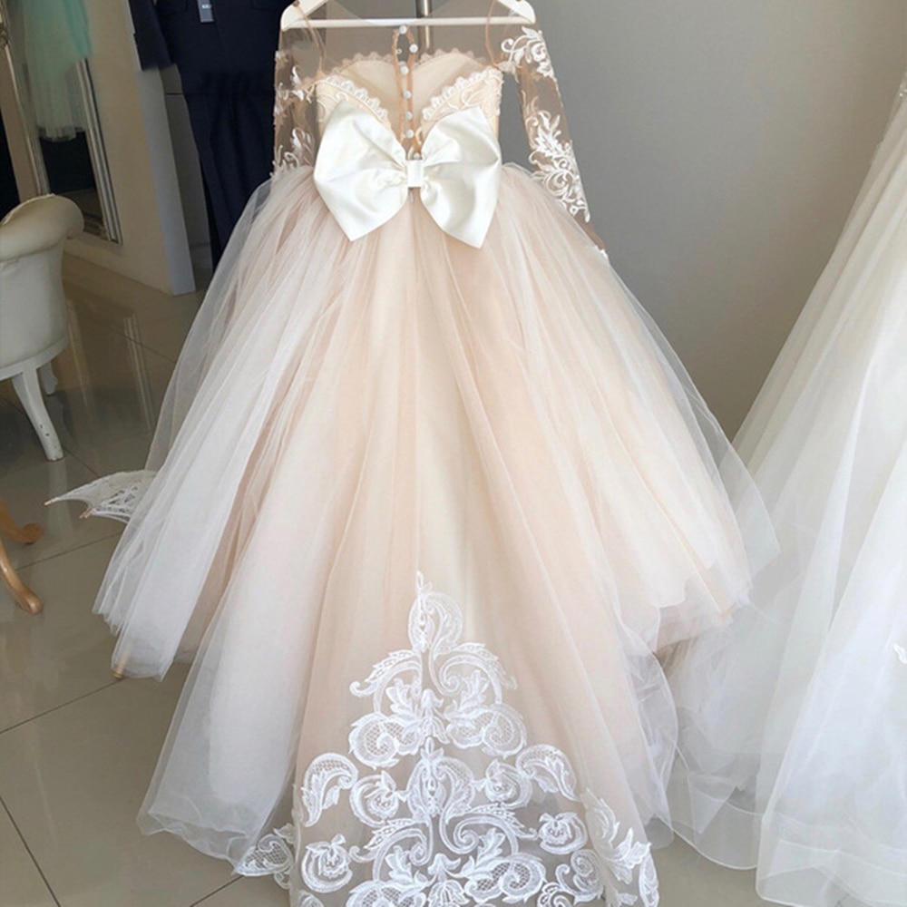 Puffy Tulle Lace Ball Gown Flower Girl Dresses Long Sleeve Princess Illusion Wedding Party Dress First Communion