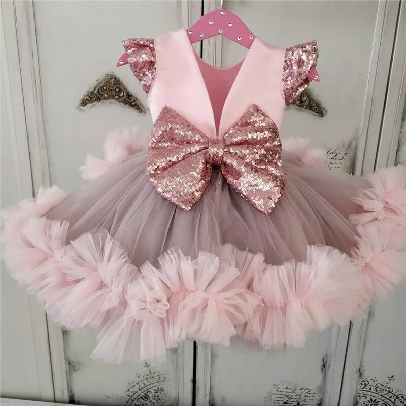 Pink Baby Girls Dresses Knee Length Puffy Toddler Infant Birthday Gowns Tutu Flower Girl Dresses With Sequin Bows