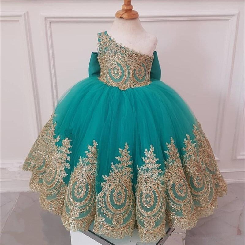 One Shoulder Flower Girl Dresses With Gold Lace African Girls Pageant Dresses Knot Bow Long Tulle Girls Birthday Party Gowns