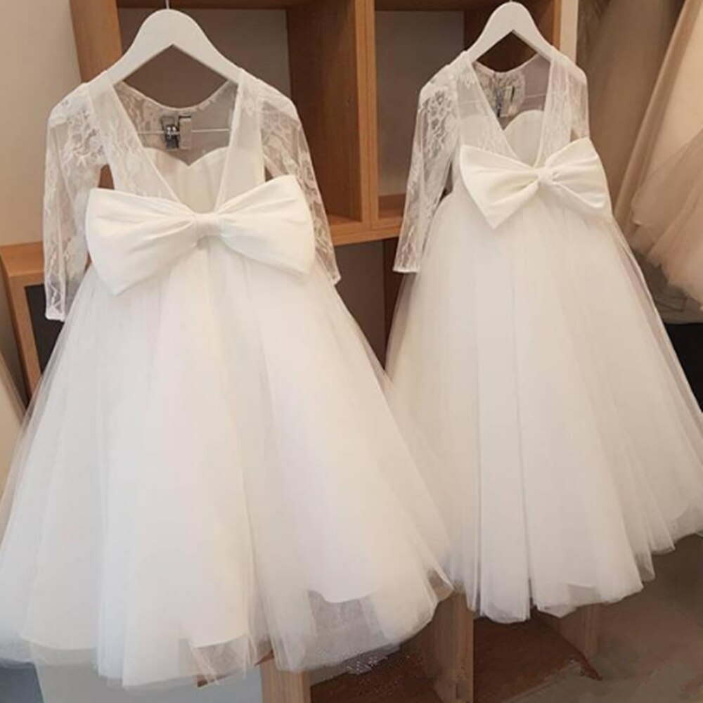 White Flower Girl Dresses For Wedding Lace Appliqued O-neck Backless Tulle Girls Formal Gown First Holy Kids Communion Dresss