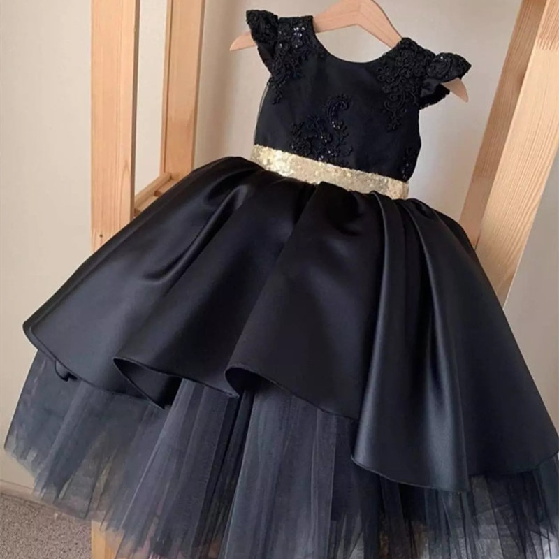 Black Flower Girl Dress For Wedding Kids Pageant Birthday Formal Party Lace Long Dress Bowknot First Birthday Prom Gown