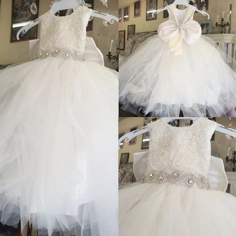 White Crystal Lace Bride Flower Girl Dress For Wedding With Big Bow Children Communion Vestidos Longo
