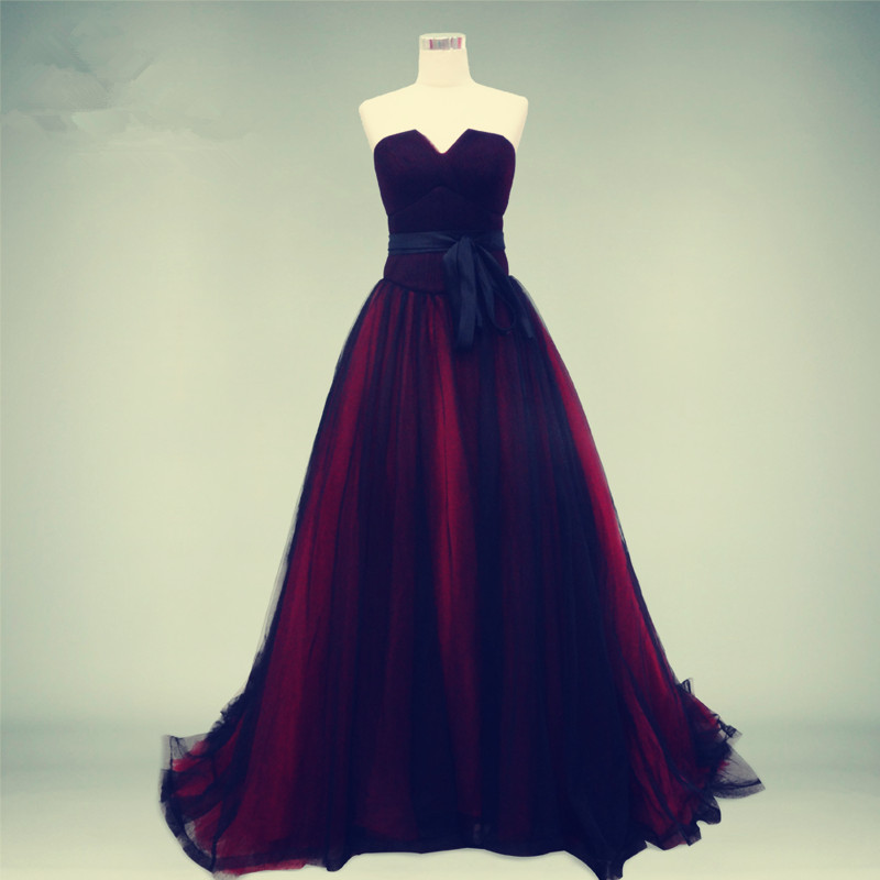 Black Red Strapless Prom Dress Tulle Evening Dress