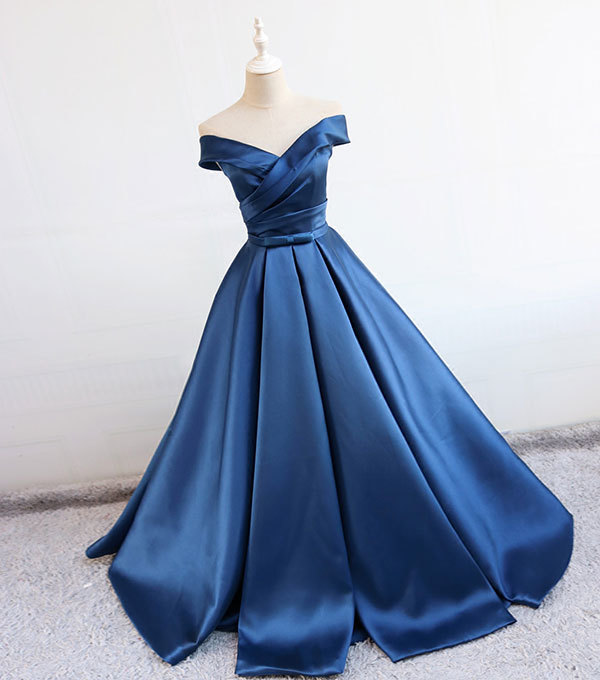 Blue V Neck Satin Long Red Prom Dress, Blue Evening Dress