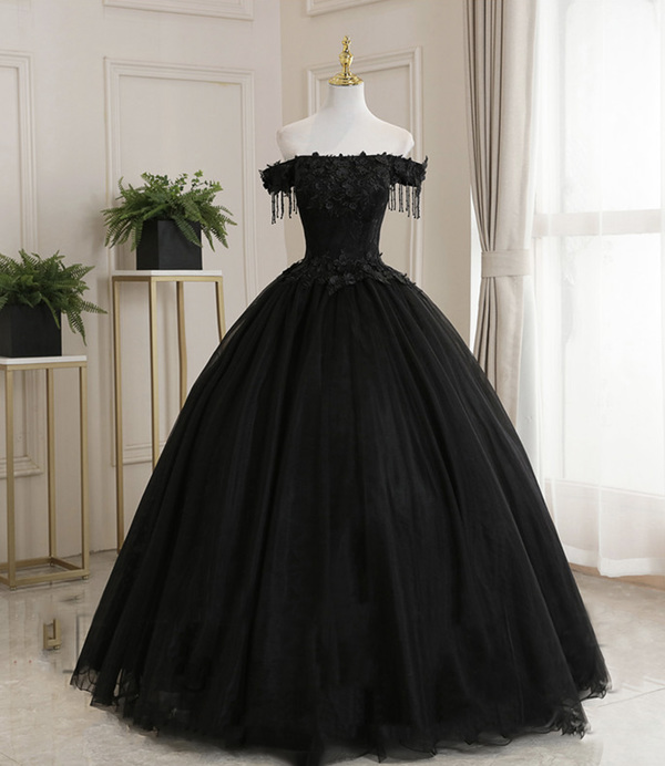 Black Off Shoulder Tulle Lace Long Ball Gown Dress Formal Dresses