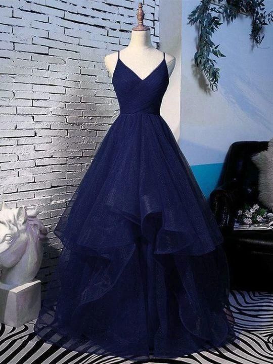 Pretty Navy Blue Tulle Layers Straps Long Evening Party Dress Blue Prom Dress