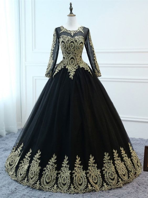 Black Long Sleeve Lace Applique Prom Dress Evening Dress