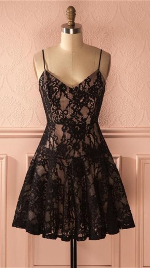 Spaghetti Straps Simple Short Black Lace Open Back Homecoming Dresses