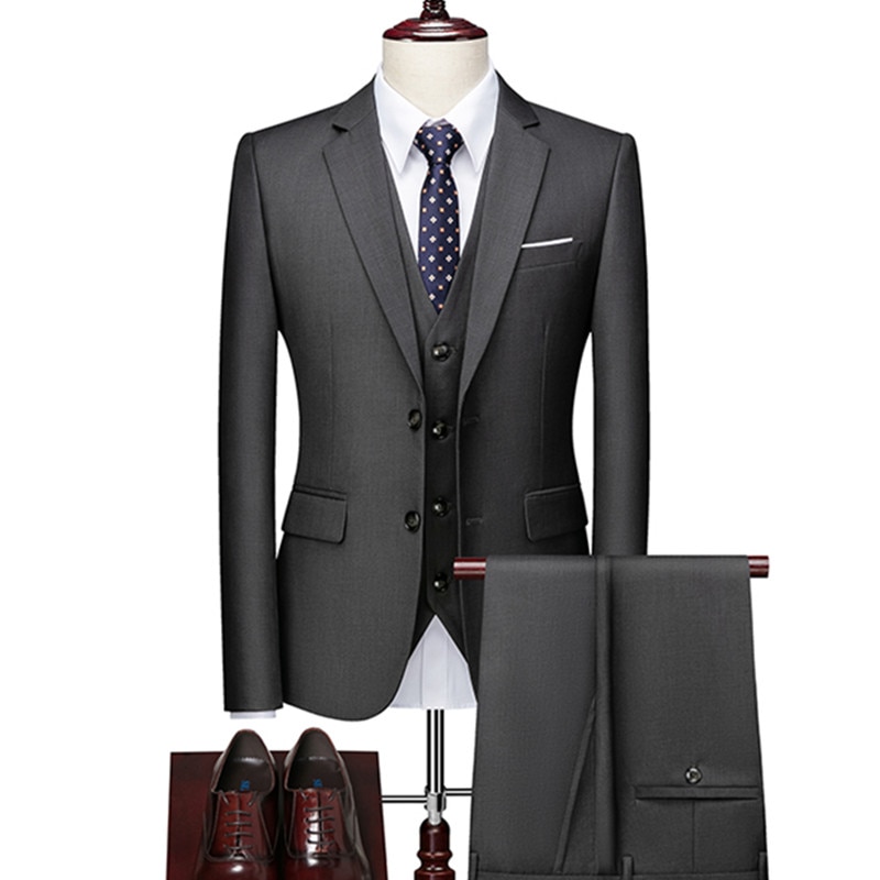Men's Business Casual Solid Color 3 Pieces Suits / Male Two Buttons Blazers Jacker Coat Trousers Pants Vest Waistcoat