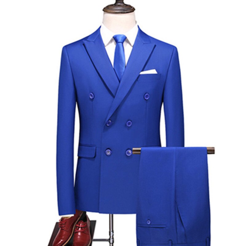 Men's Business Double Breasted Solid Color Suit Coat / Male Slim Wedding 2 Pieces Blazers Jacket Pants Trousers