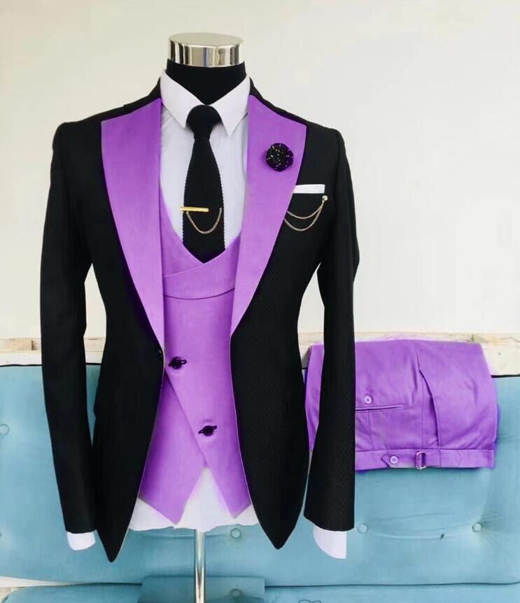 Latest Design Classic Pink With Black Wedding Suit For Men Suits Slim Fit Groom Man Party Tuxedo 3 Piece Blazer Jacket