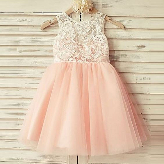 Pink White Lace Applique Flower Girl Dress Kids Party Clothing