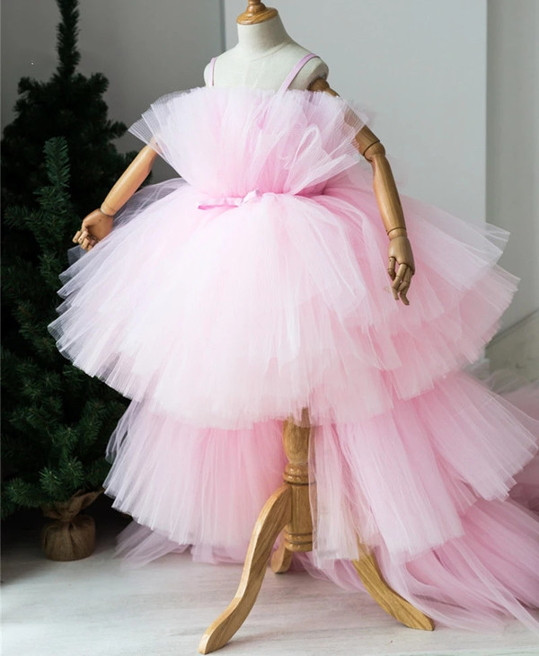 Pink Hi-lo Puffy Layers Flower Girl Dresses Tulle Kids Princess Dress Bow Shoulder Kids First Communion Dresses Birthday