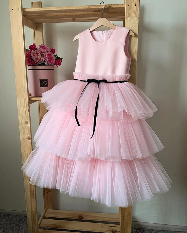Real Photo Pink White Tulle Kids Flower Girl Dress For Wedding Birthday First Holy Communion Dresses