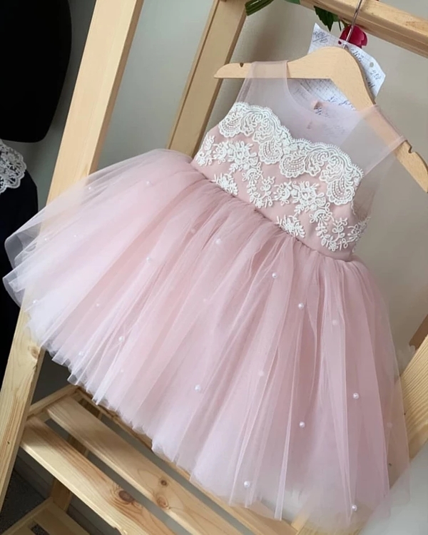 Real Photo Pink White Tulle Lace Flower Girl Dress For Wedding Birthday Ball Gown First Holy Communion Dresses