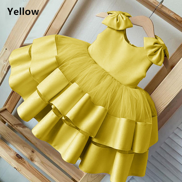 Puffy Layers Pink Flower Girl Dresses Satin Bow Kids Princess Dress Bow Shoulder Kids First Communion Dresses Birthday Year