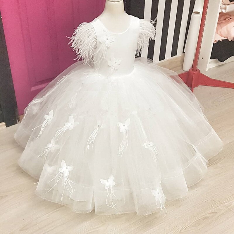 Puffy Feather 3d Butterflies Flower Girl Dresses Wedding Kids Party Birthday Ball Gown For Year
