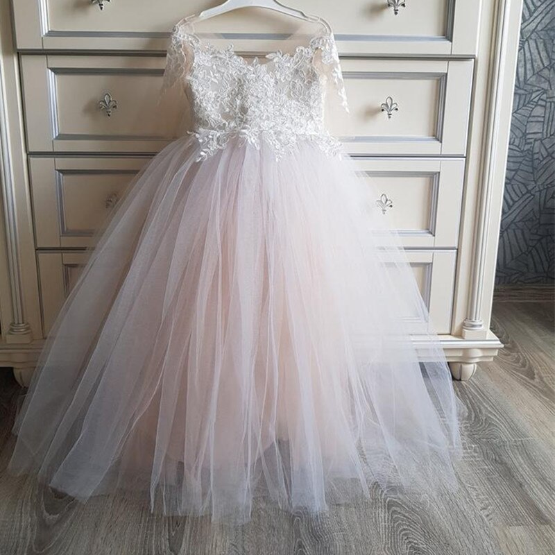 Simple Flower Girl Dresses Floor Length O-neck With Lace Wedding Gowns For Kids Long Sleeves Birthday Party Girl Dresses