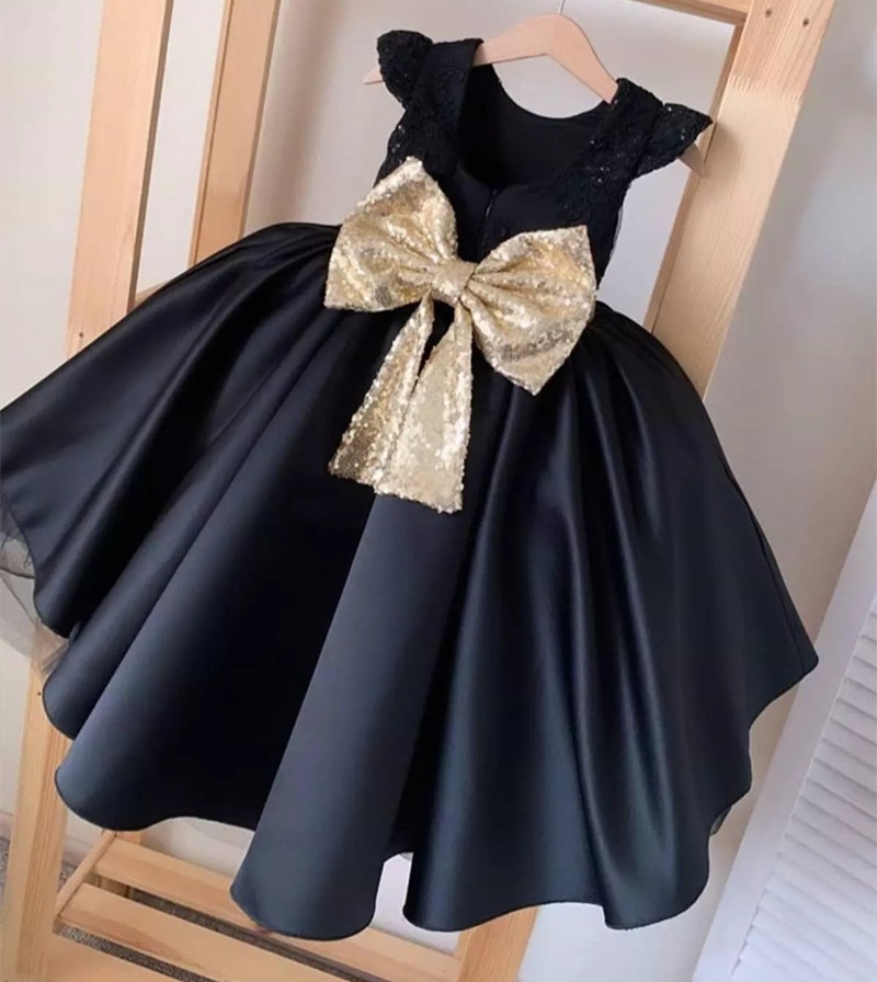 Black Flower Girl Dress For Wedding Kids Pageant Birthday Formal Party Lace Long Dress Bowknot First Birthday Prom Gown