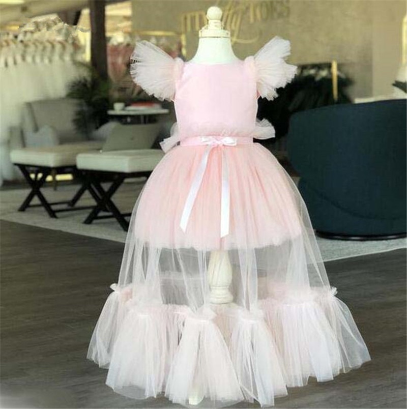 Pink Flower Girl Dresses With Removable Skirt Birthday Party Gown For Girls Graduation Detachable Kids Dresses