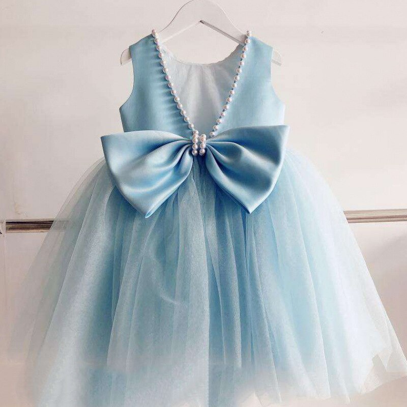 Tailor-made Blue Tulle Nice Beading Illusion Sleeveless Ruffle Lovely Flower Girl Dress Communion Wedding Formal Occasion