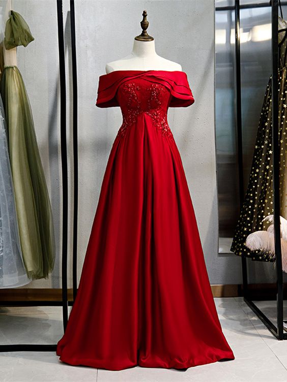 Red Off Shoulder Full Length Prom Dress Eveing Dress Beading Lace Applique