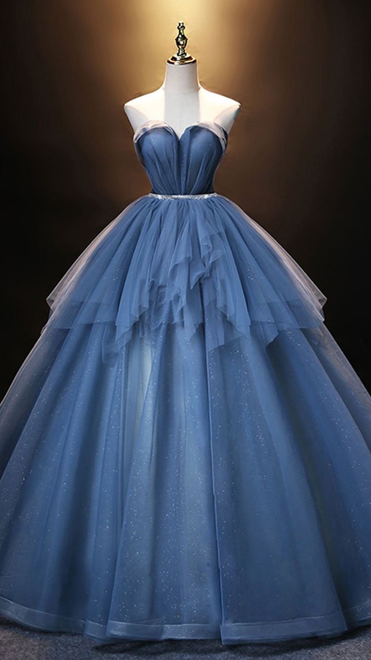 Blue Sweetheart Neck Tulle Long Prom Dress Blue Evening Dress