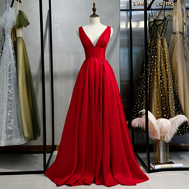Red V Neck Stain Full Length Prom Dress Eveing Dress