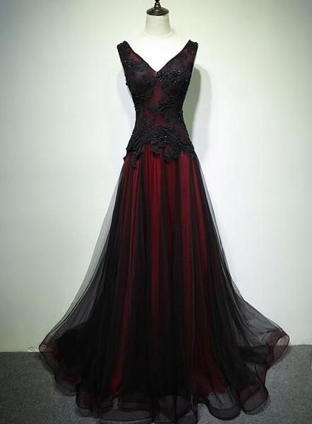 Gorgeous Black And Red V-neckline Tulle Beaded Prom Dress, Long Evening Gown