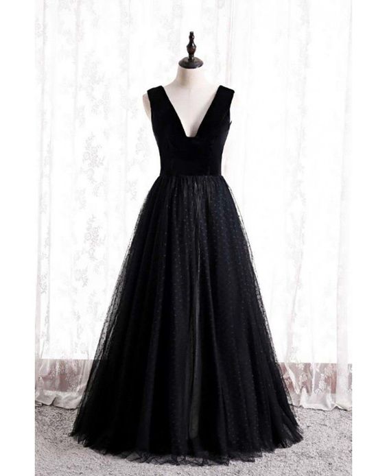 Long Black Polka Dot Tulle Formal Dress V Neck Sleeveless