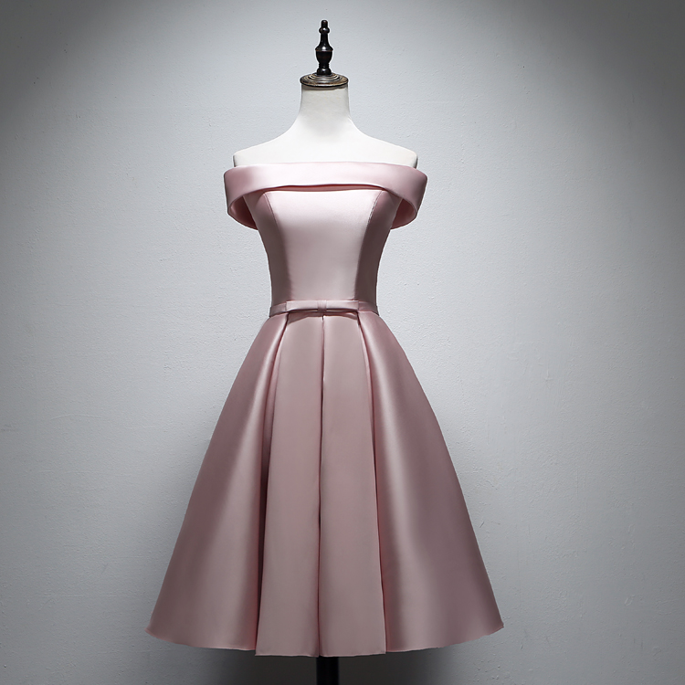Off-Shoulder Blush Satin Evening Gown Dress E