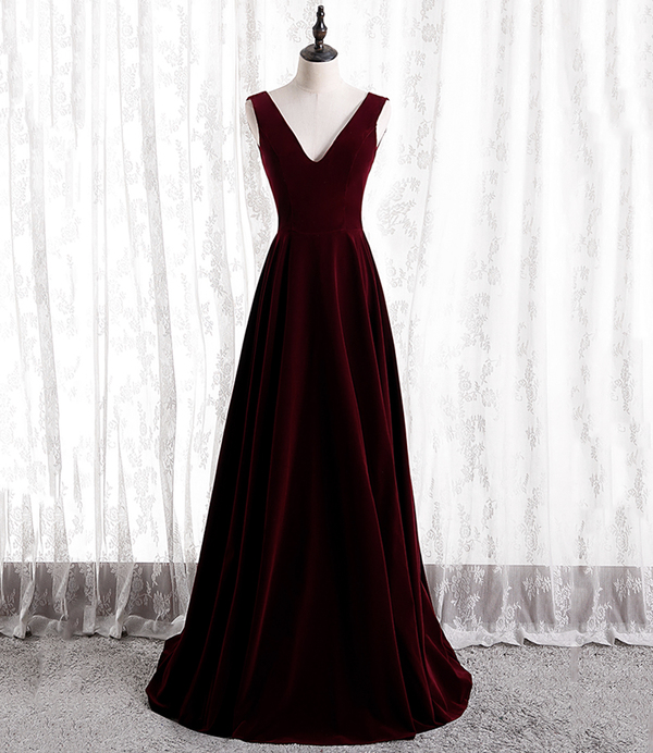 Burgundy v neck long prom dress A line evening dress s54