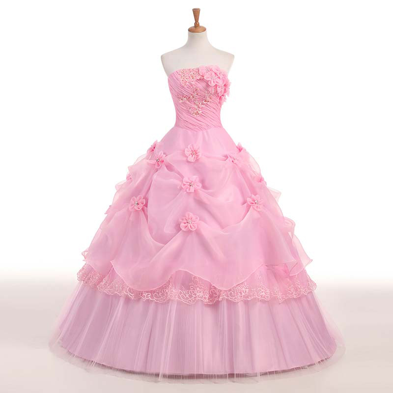open lace back dress Pink StraplessTulle Ball Gown Beaded Shiny Prom Dress Pink Sweet 16 Dr   BlingDress