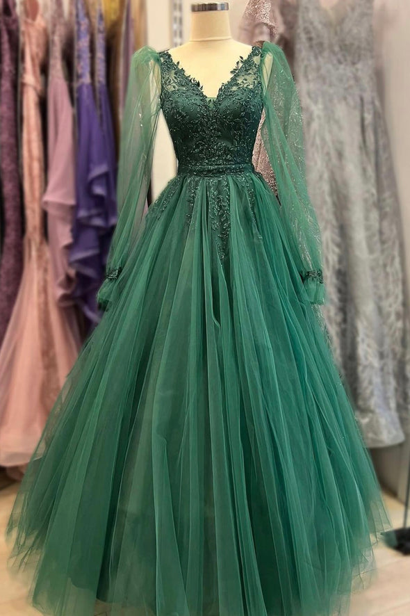 Green Tulle Beads Long Sleeve Prom Dress Green Evening Dress